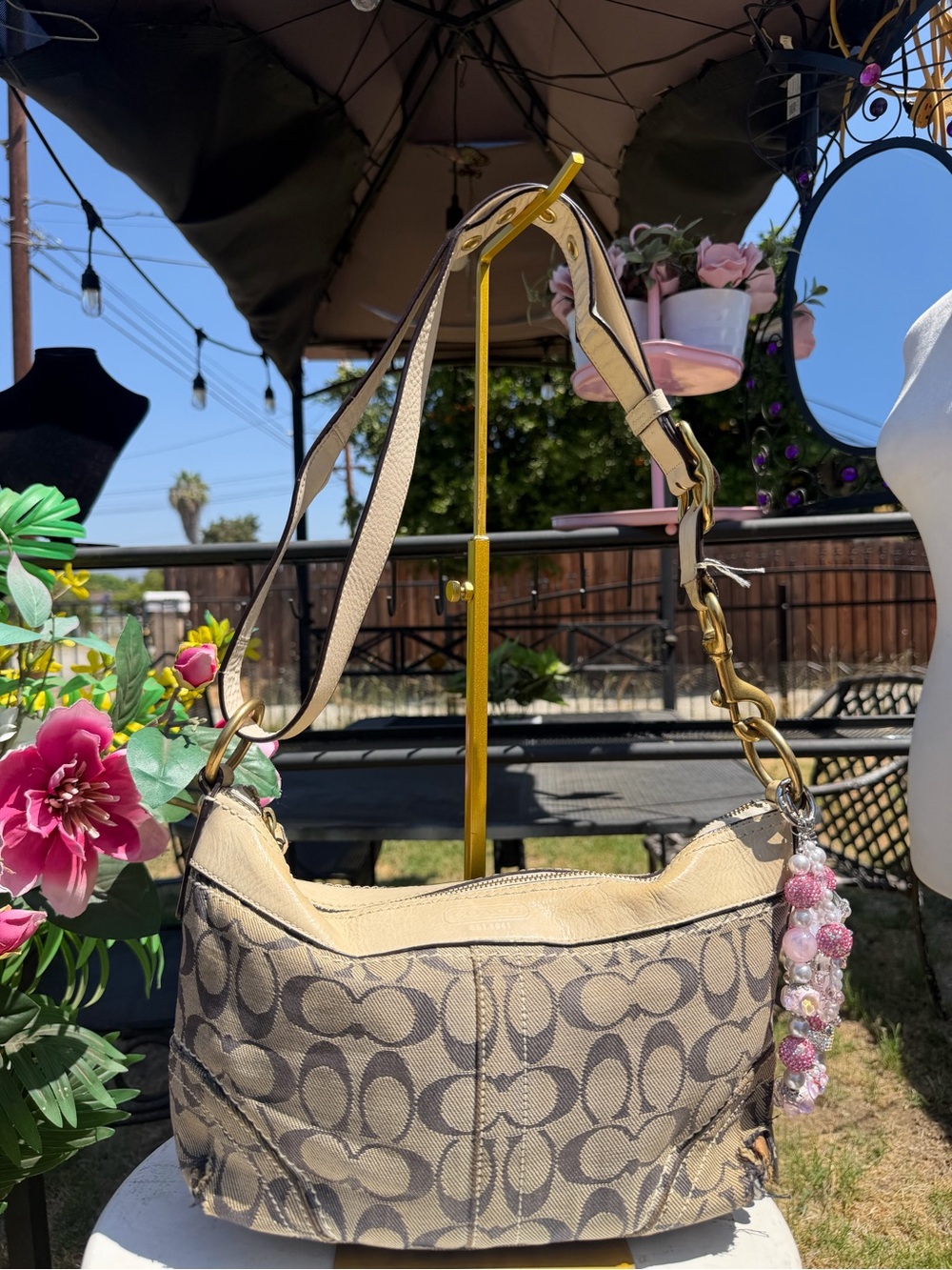 Coach Beige Signature Canvas Shoulder Hobo with Gold Hardware